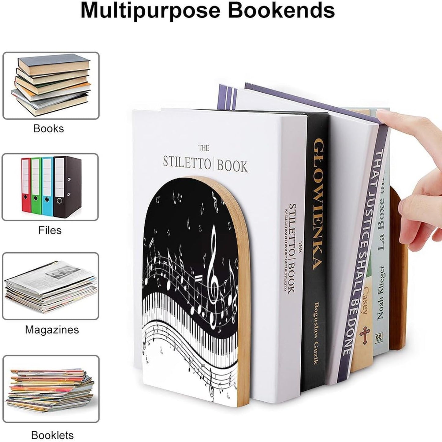 Black White Music Note Wooden Bookend Non-Slip Book Ends Heavy Duty Book Stopper with Metal Base Books Holderd Decorative Bookends Stands Firmly for Office Supplies