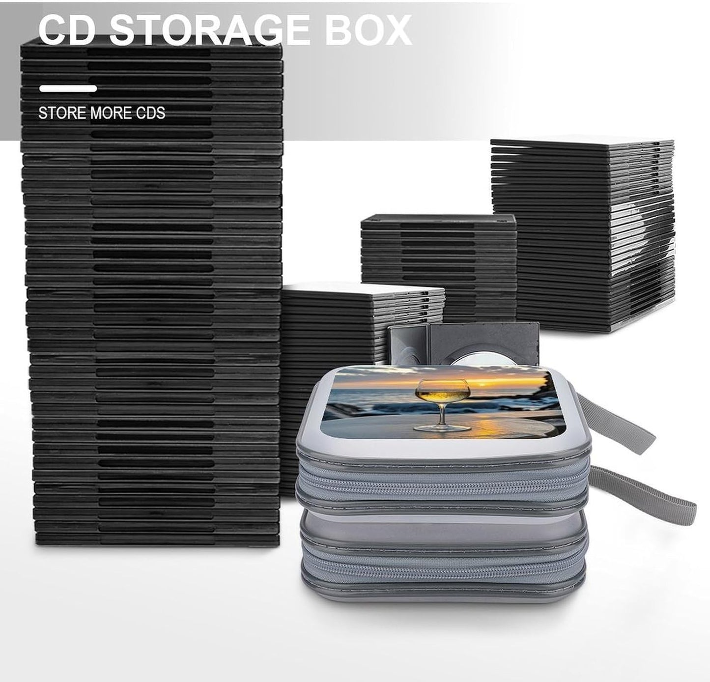 Sunset Wine Glass CD Case Portable Zipper CD Case 40 Capacity Hard Plastic DVD Cases Holder Large Storage Disc Wallet Bag for Car Home Travel DVD Collection Bag