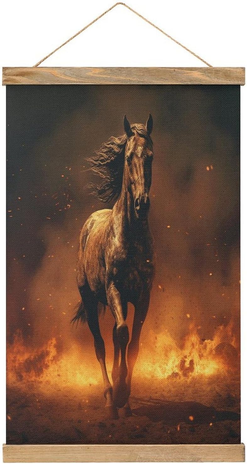 Vintage Flame Horse Poster with Wooden Frame Personalized Linen Hanging Scroll Painting Rustic Wall Hanging Illustrative Modern Artwork Decor for Home Living Room Bedroom Office