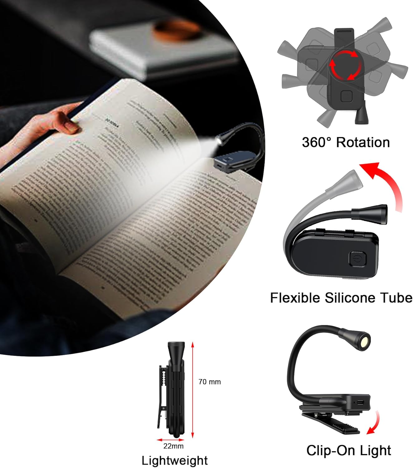 Clip on Book Light, 3 Light Colors and stepless Brightness Adjustment, 360° Flexible, Small Lightweight Clip On Book Reading Light for Studying and Reading