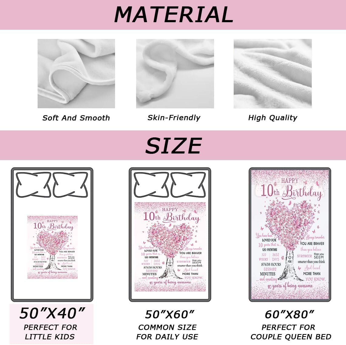 10 Year Old Girl Birthday Gifts Blanket 40"x50", Gifts for 10-Year-Old Girls, Christmas 10th Birthday Gifts for Girls, Double Digits Party Gift Ideas Decoration, Ten Years Old Throw Blankets
