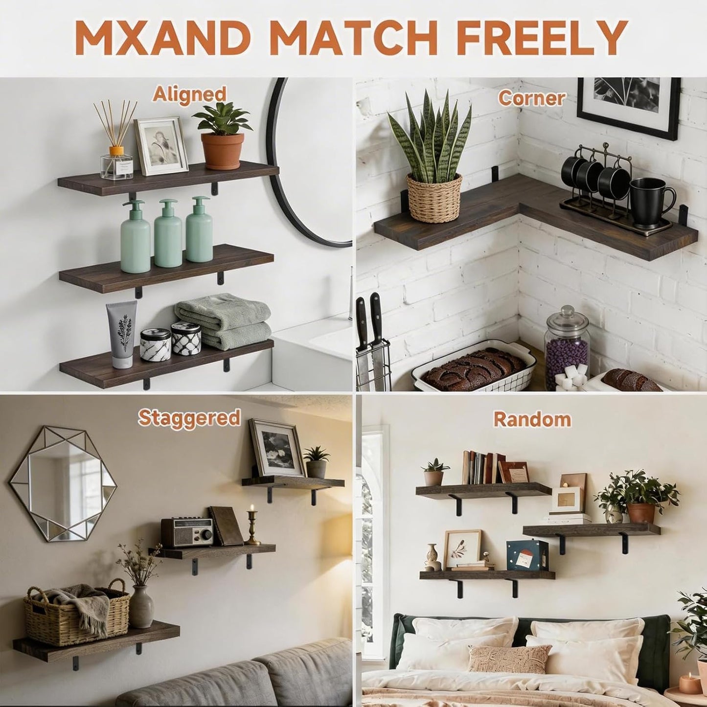 LifetimeWarranty Easy Install Wall Shelves with Brackets,15.7 Inch Wall Mounted Wood Floating Wall Shelf, Small Wall Shelf for Storage&Home Decor, Living Room,Kitchen,Office,Book Corner Shelf,Set of 3