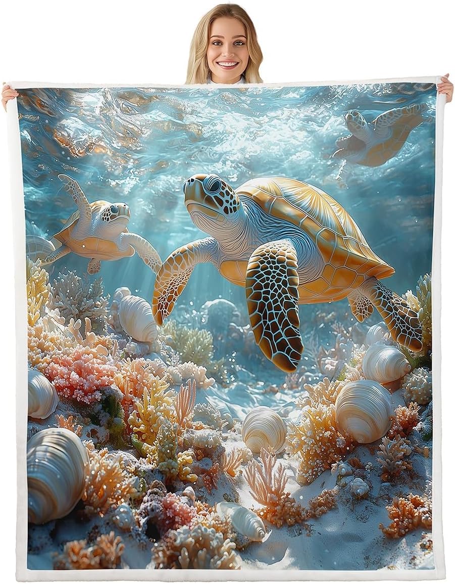 Erosebridal Sea Turtle Fleece Blanket Queen 90x90 Ocean Life Fuzzy Plush Throw for Sofa Tortoise Coral Sherpa Blanket Summer Hawaii Theme Pattern All Season