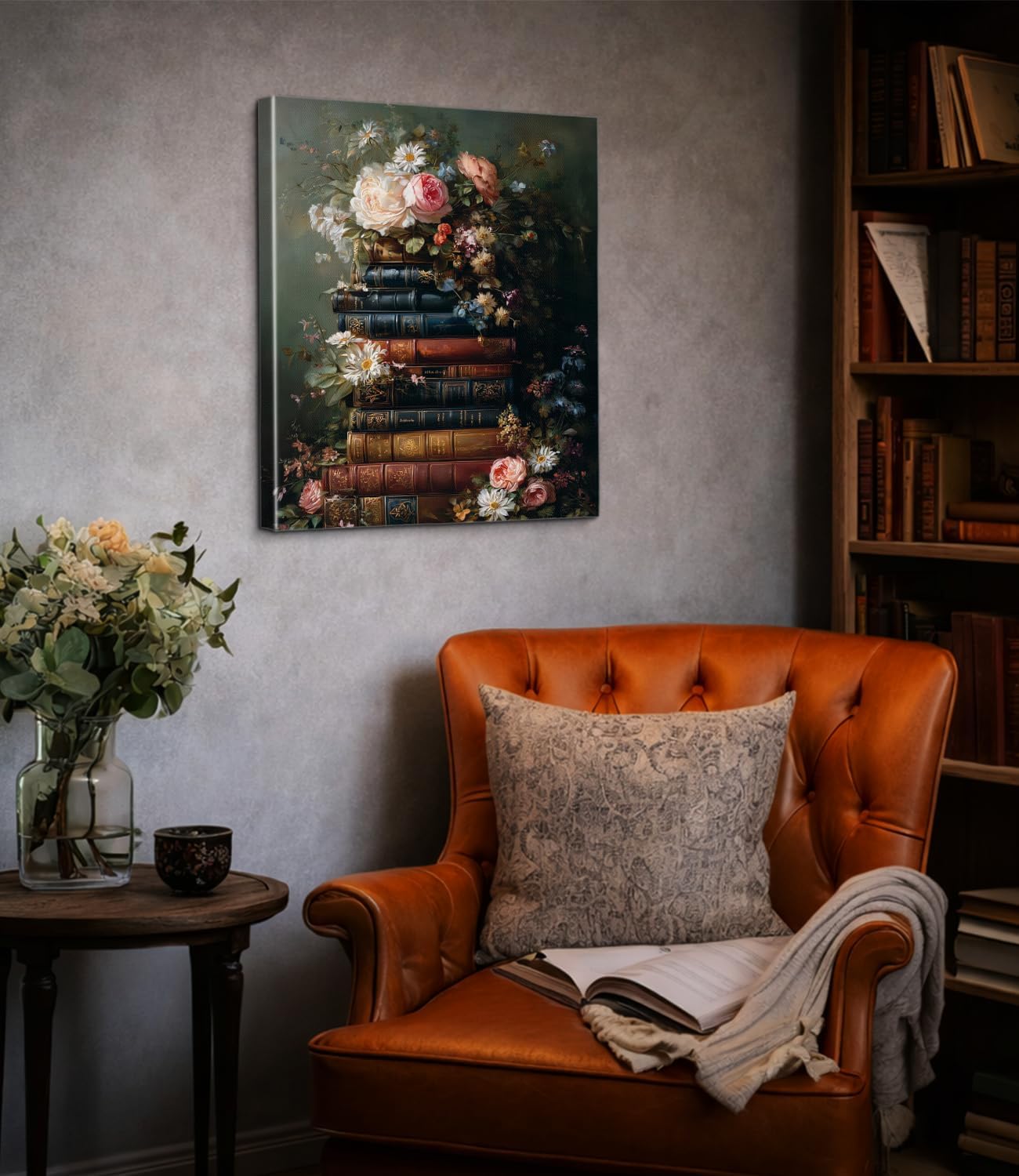 Gothic Floral Books Wall Art Print - Vintage Book Flowers Canvas Poster Painting - Dark Academia Wall Decor for Home Reading Nook Library 8x10 Inch Framed