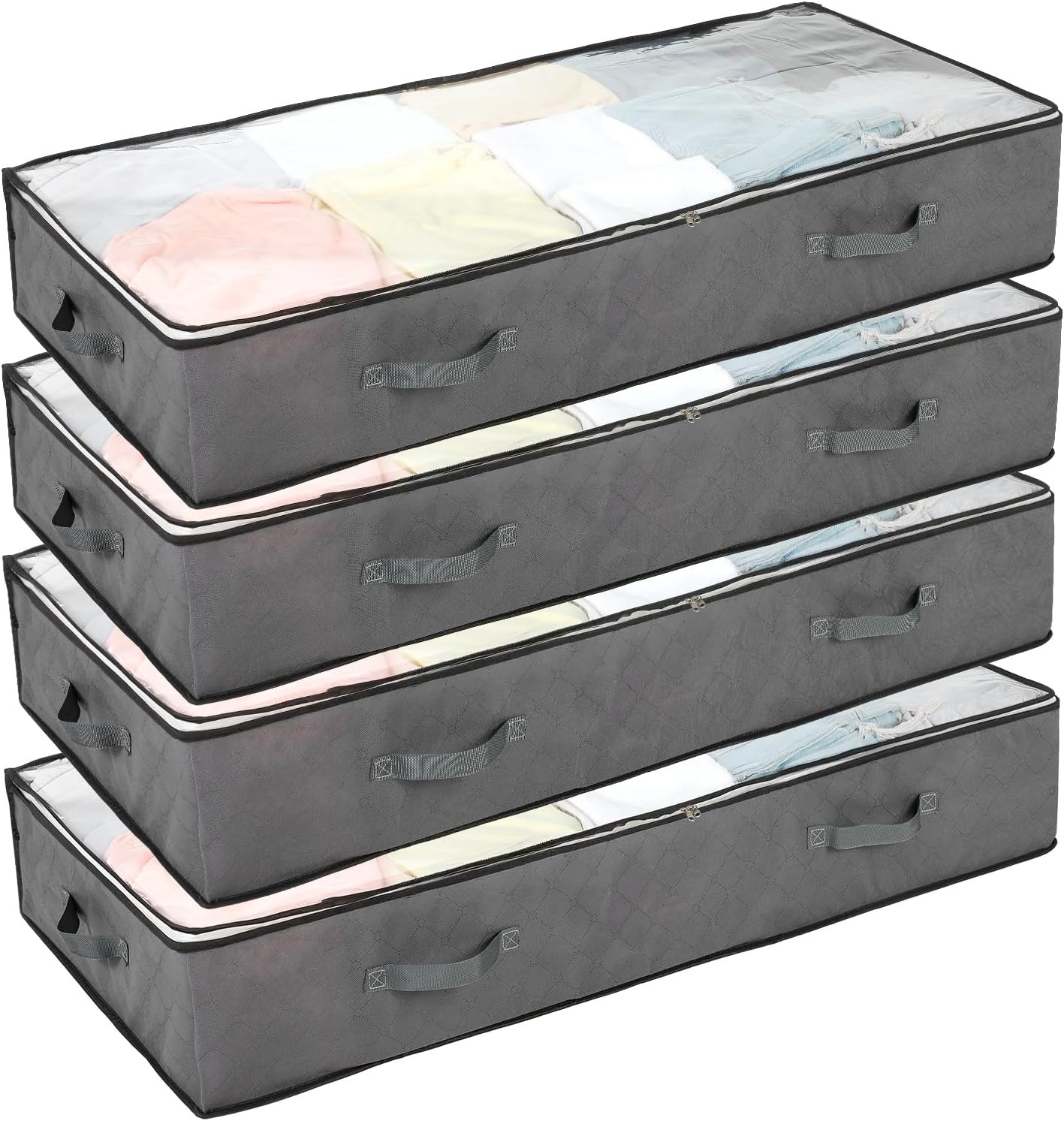 4 Pack 90L Under Bed Storage Containers – Foldable Closet Organizers with Clear PVC Window, Large Underbed Storage Bins for Blankets, Clothes, Shoes, Wrapping Paper (Grey, 39” x 20” x 7”)