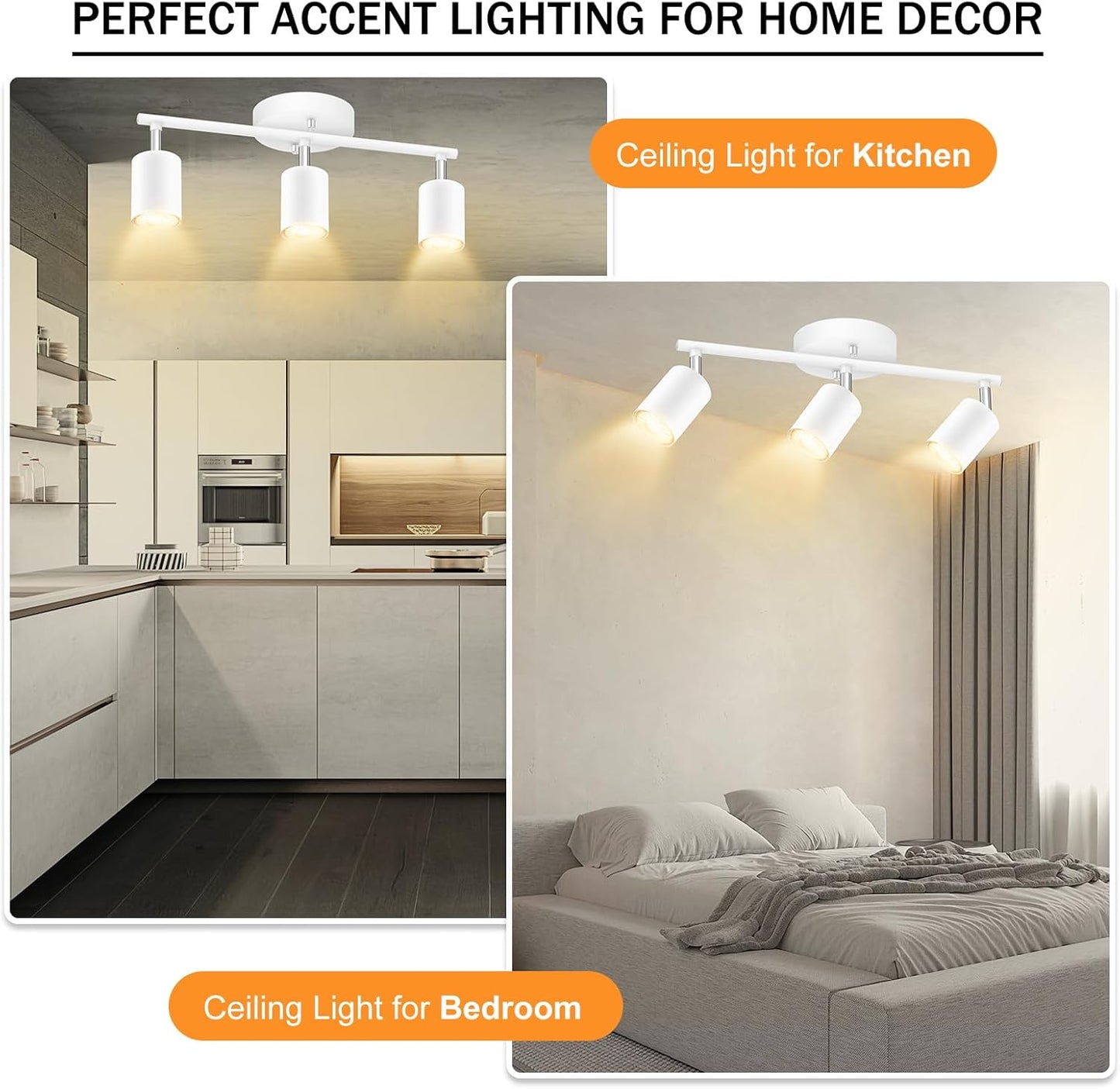 White Track Lighting, 3 Light Track Lighting Kit, White 3 Way Modern Ceiling Spotlight, Flexibly Rotatable Light Head, Industrial LED Track Light Kit for Kitchen Cabinet Gallery Bar Living Room