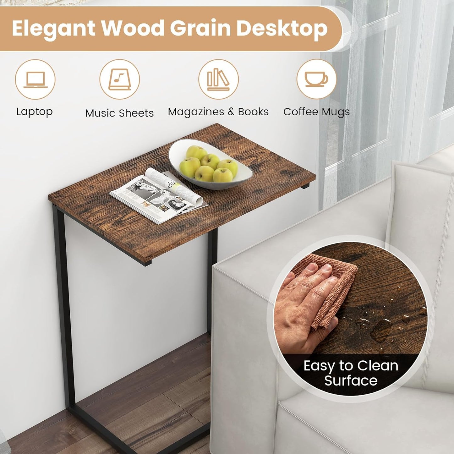 GOFLAME C Shaped End Table, Small Snack Side Table for Sofa, Couch, Bed, Laptop Table, TV Trays with Metal Frame for Living Room, Bedroom, Small Space, Rustic Brown