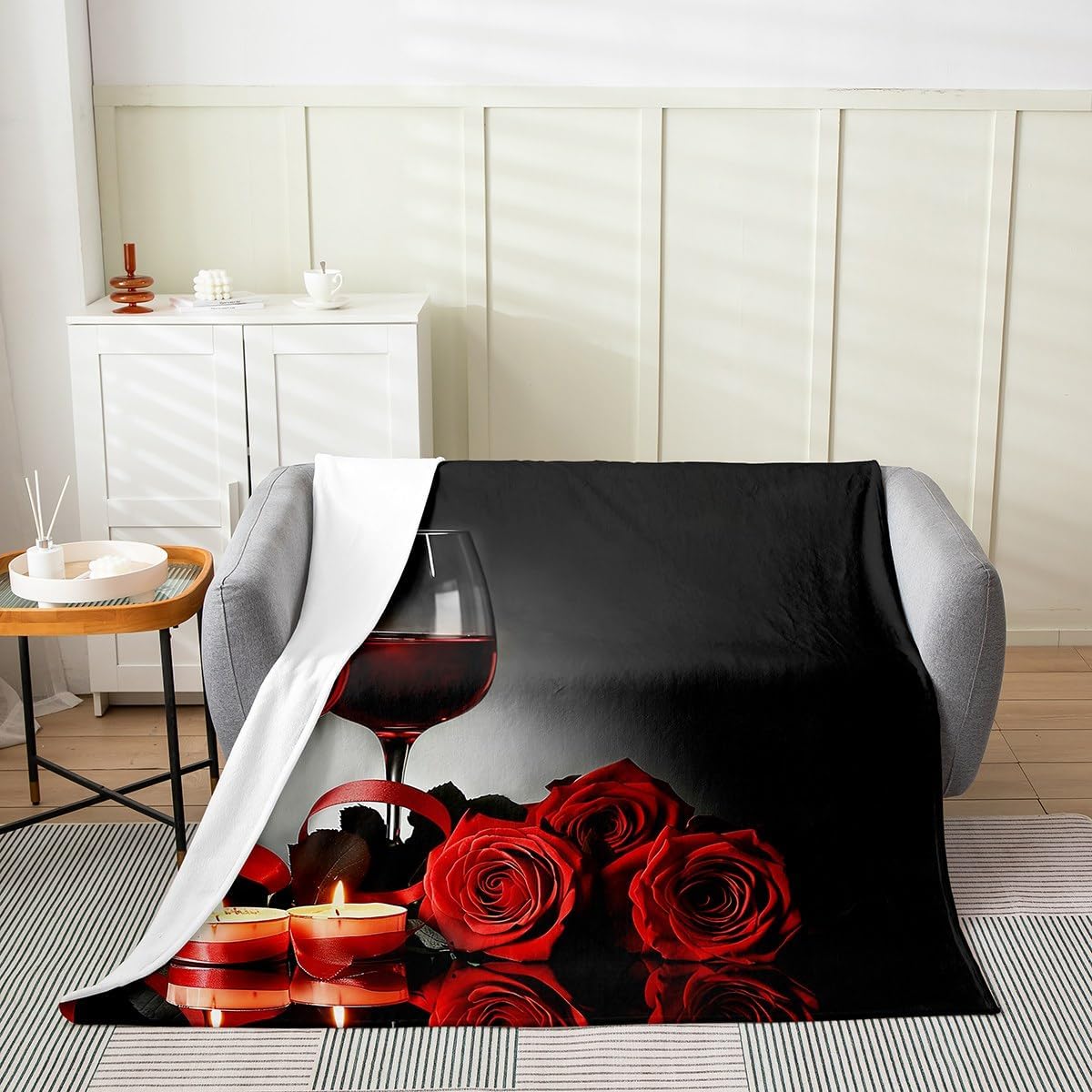 Rose Wine Glass Blanket For Girls Red Black Rose Throw Blanket Baby Size Floral Blossom Fleece Blanket Banquet Flower Romantic Valentine's Day Sherpa Blanket, Grey Plush Bed Blanket Bedroom Decor