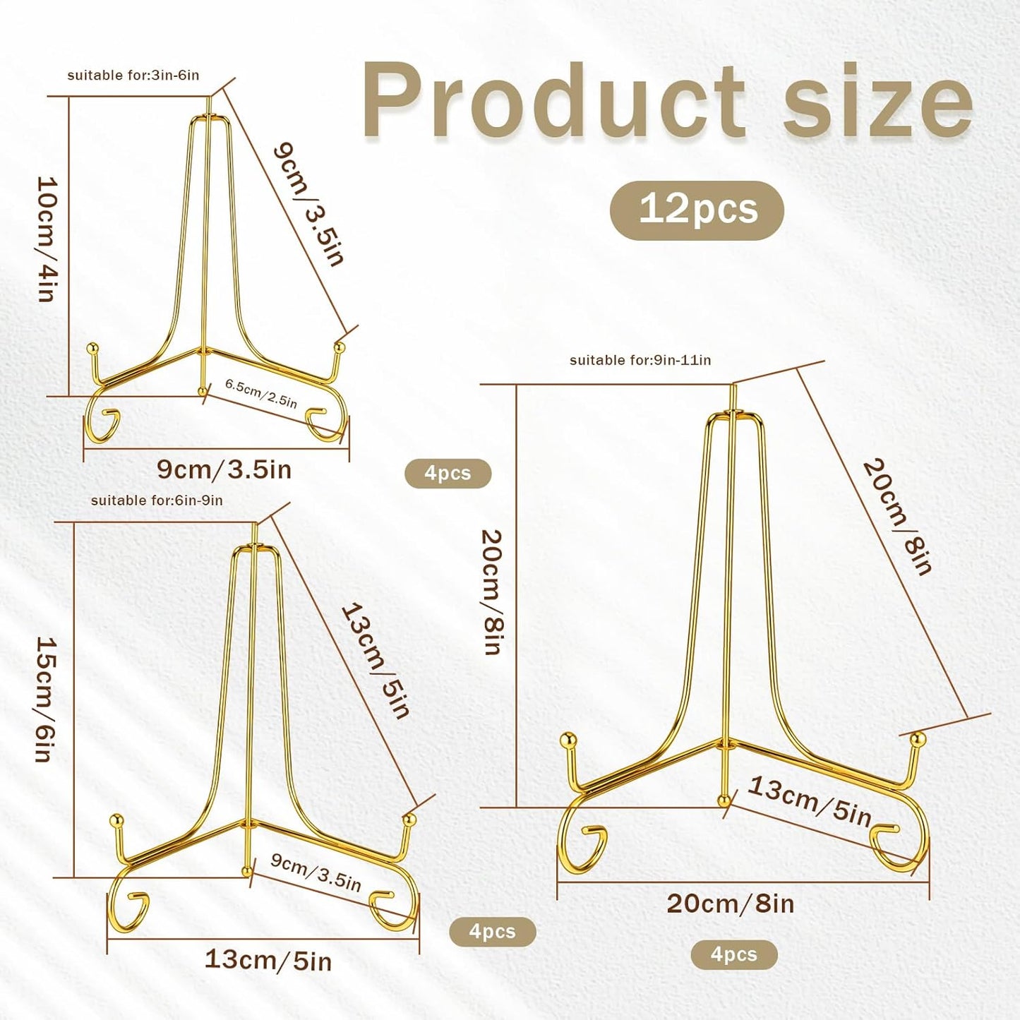 12 Pack 3 Size Improved Anti-Slip Plate Stands for Display, Gold Iron Display Stand, Easel Plate Display Photo Holder Stand, Iron Wire Easel Frame Stand for Displaying Pictures, Plates and Arts (4, 6, 8 Inch)