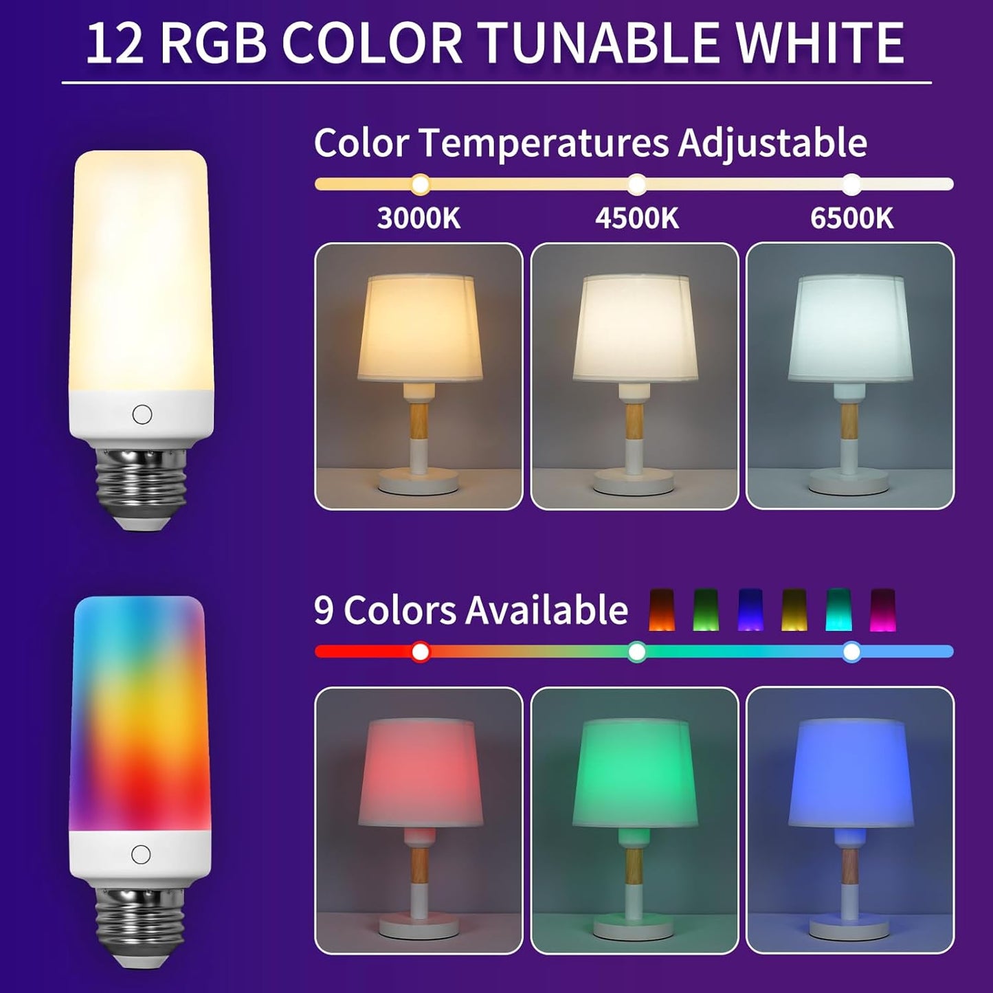 2PK Rechargeable Light Bulbs with Remote and Timer, Emergency Battery Operated Light Bulb for Lamp Sconce, Socket USB, 3 Color Temperatures + 12 RGB Colors Dimmable