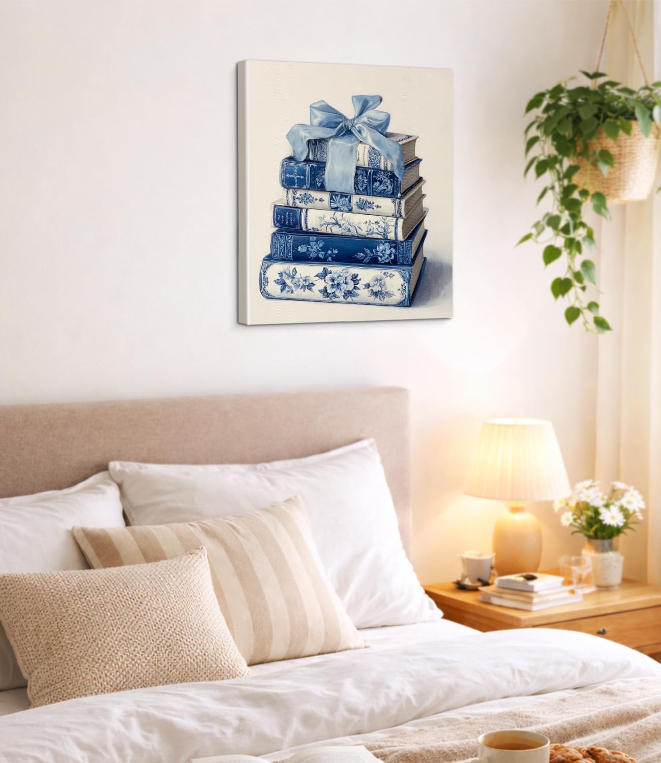Vintage Blue Bow Books Wall Art Print - Coquette Bookish Canvas Poster Painting - Book Lover Gifts Blue Wall Decor for Home Reading Nook Library 8x10 Inch Framed