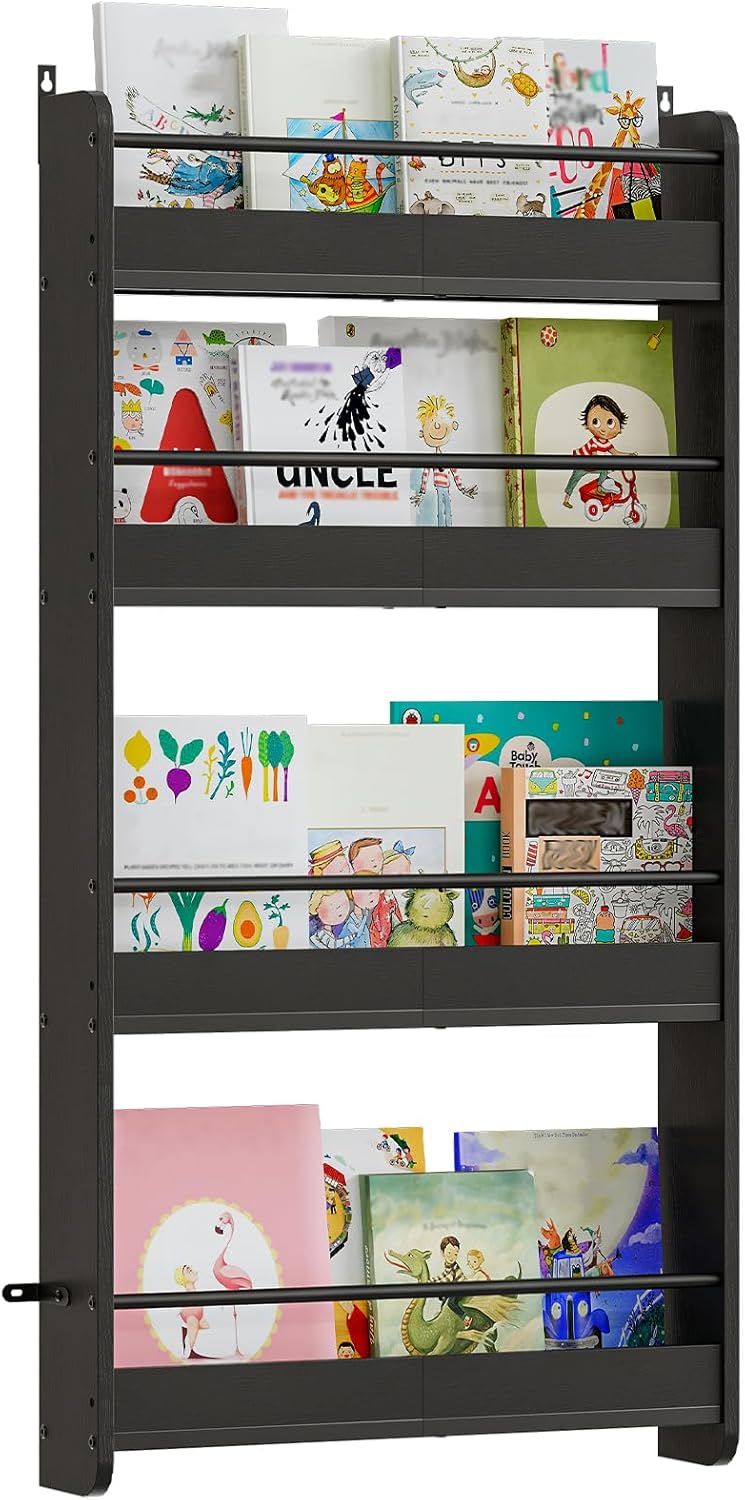 Kids Bookshelf, 4-Tier Wall Mount Bookshelf for Kids, Behind The Door Bookshelf, Hanging Book Shelf for Kids Room, Playroom, Bedroom, Living Room, Black KBBK7601