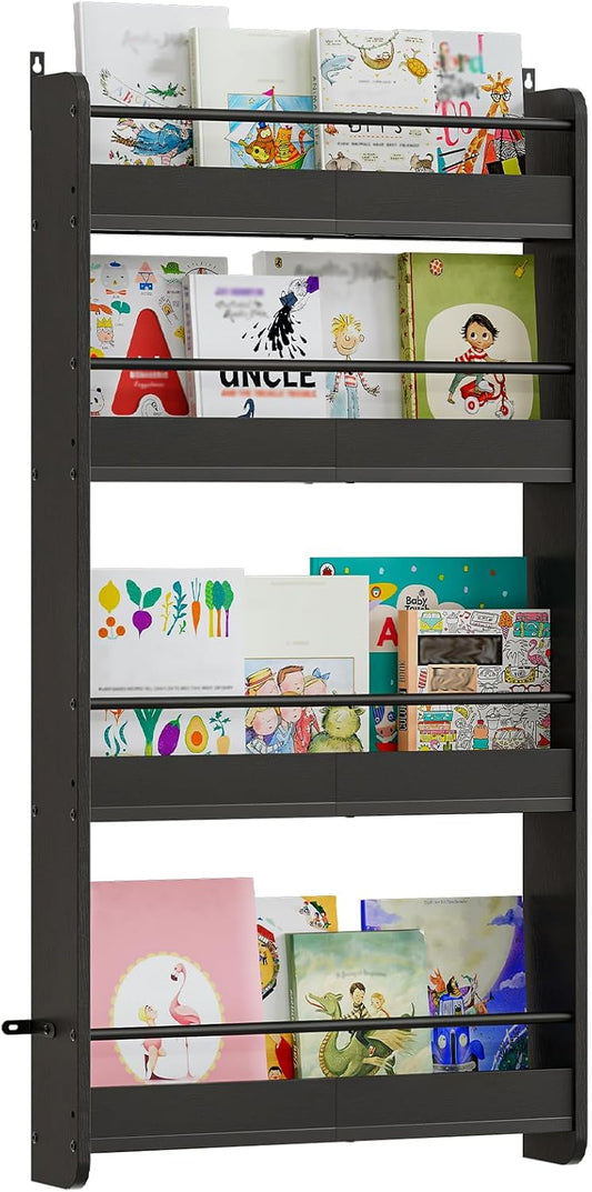Kids Bookshelf, 4-Tier Wall Mount Bookshelf for Kids, Behind The Door Bookshelf, Hanging Book Shelf for Kids Room, Playroom, Bedroom, Living Room, Black KBBK7601