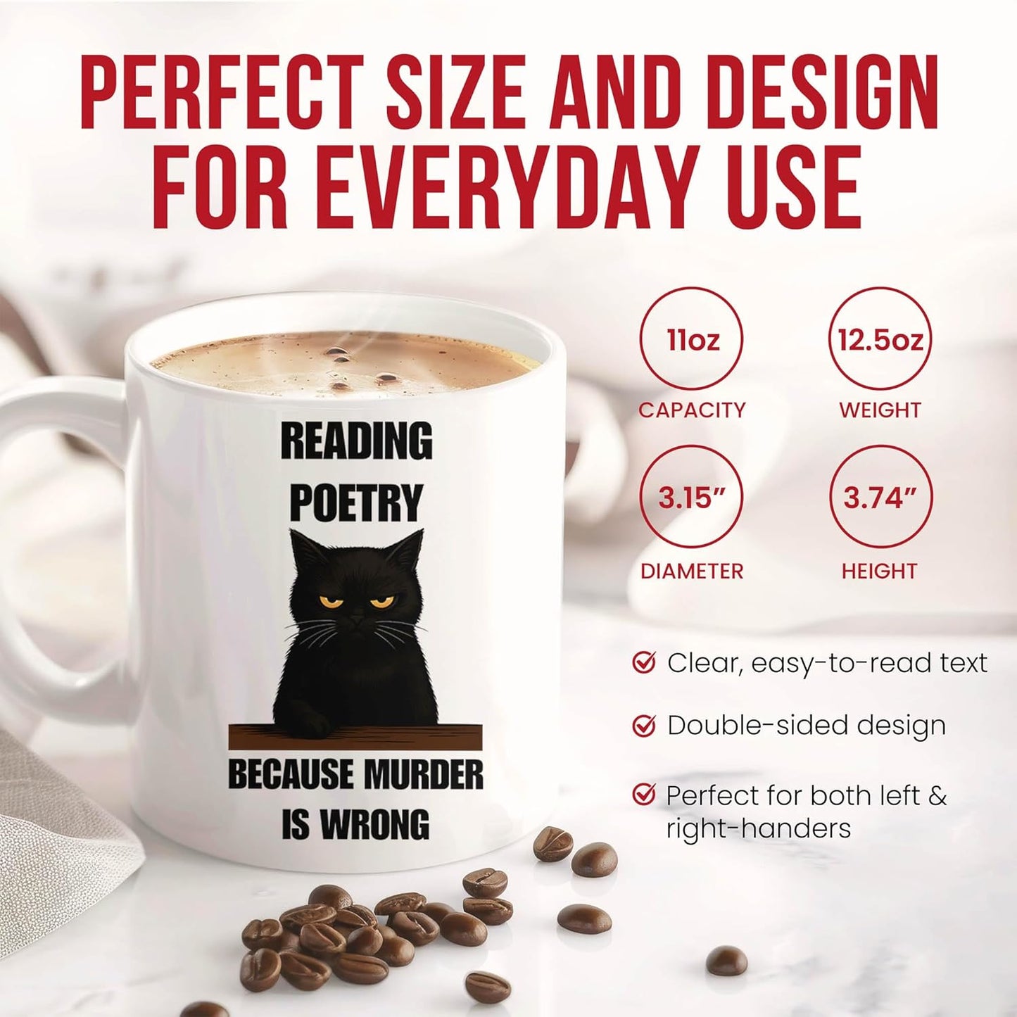 Reading Poetry Because Murder Is Wrong Mug - Literary Enthusiast Coffee Cup - Book Lover Funny Gift From - Verse Appreciator Tea Mugs - Poetic Expression Cups - 11 Oz Ceramic Gifts For Aficionados