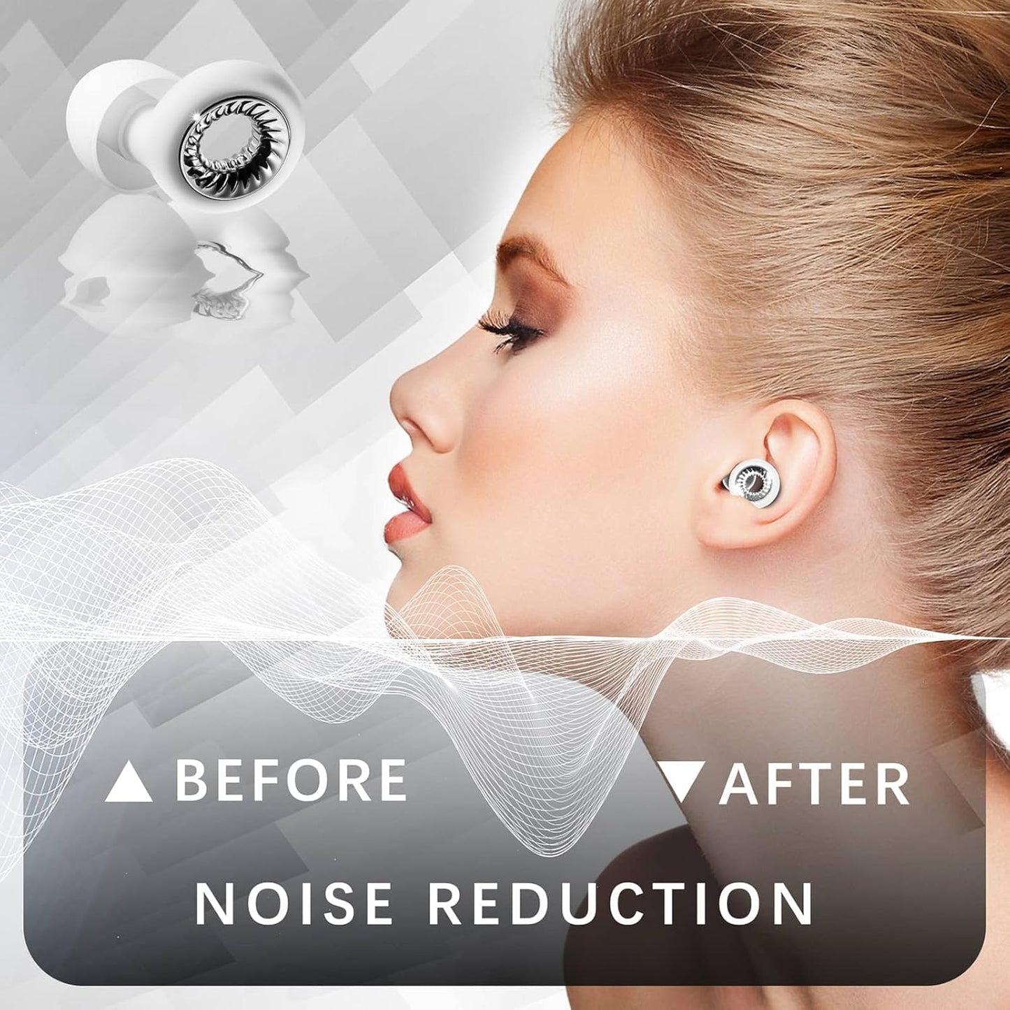 Ear Plugs for Sleeping, Reusable Silicone Earplugs with 28dB Noise Reduction, Noise Cancelling Ear Plugs for Concert, Travel, Study, Work, Hearing Protection, White and Silver