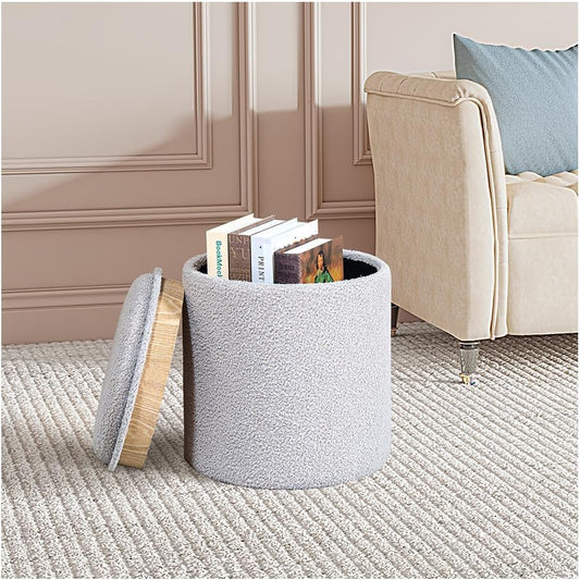 PINPLUS Round Boucle Ottoman with Tray, Storage Teddy Velvet Footstool Ottoman Cube for Living Room, Bedroom, Dorm 13.4"x13.4"x15" (Grey)