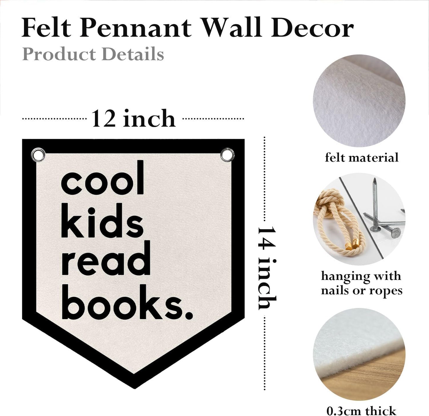 Cool Kids Read Books Nursery Reading Nook Decor Felt Pennant Banner Flag Wall Decor, Vintage Kids Toddler Room Reading Sign Wall Art Hanging, Classroom Decorations, 12x14 Inch