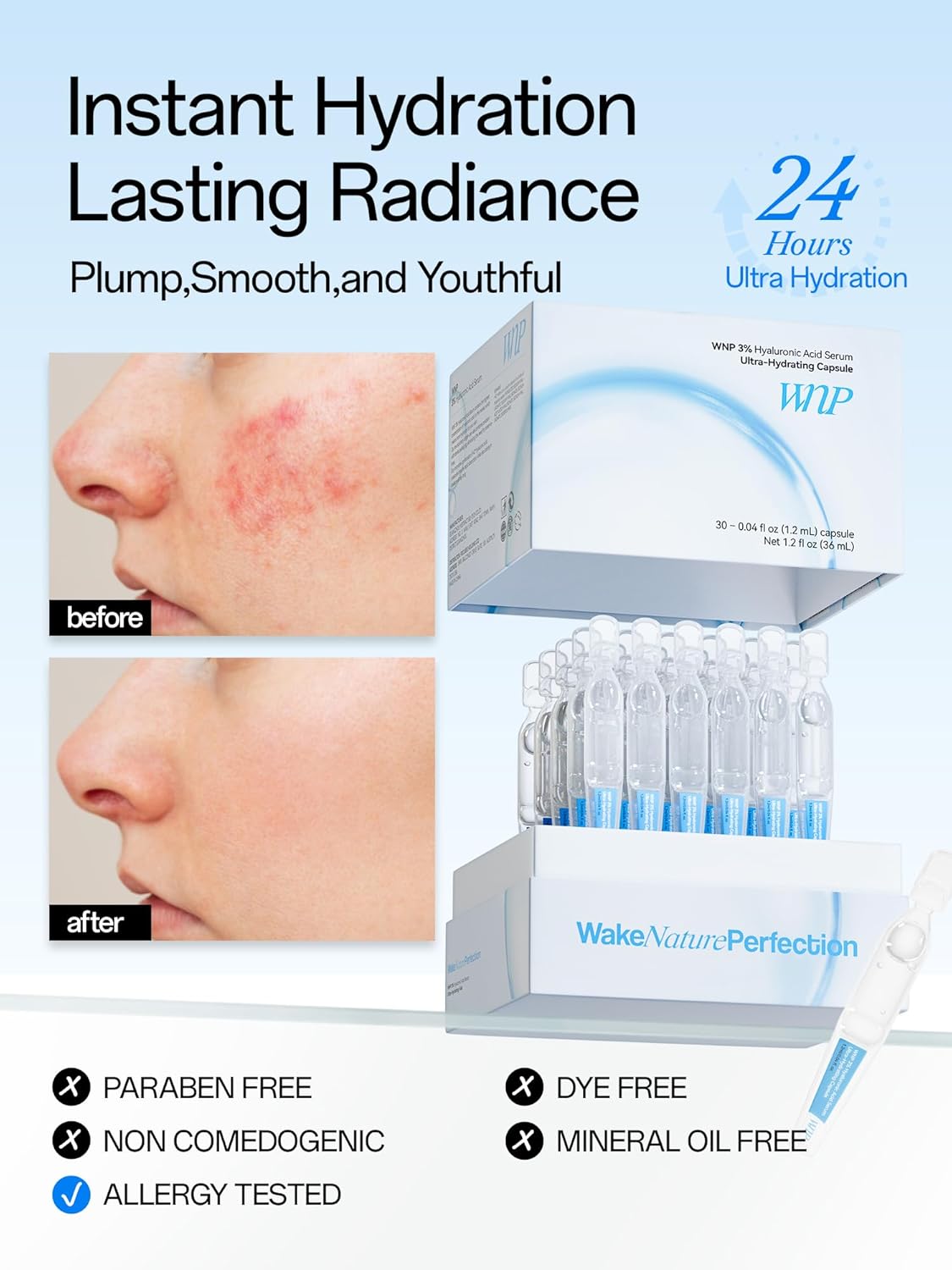 WNP Hyaluronic Acid Serum 3% for Face with 4D Multi-Layer Hydration | Ultra Hydrating Anti-Aging Serum | Moisturizer for Dry & Sensitive Skin | Pre-Makeup Skincare | Single-Use Vials 30PCS