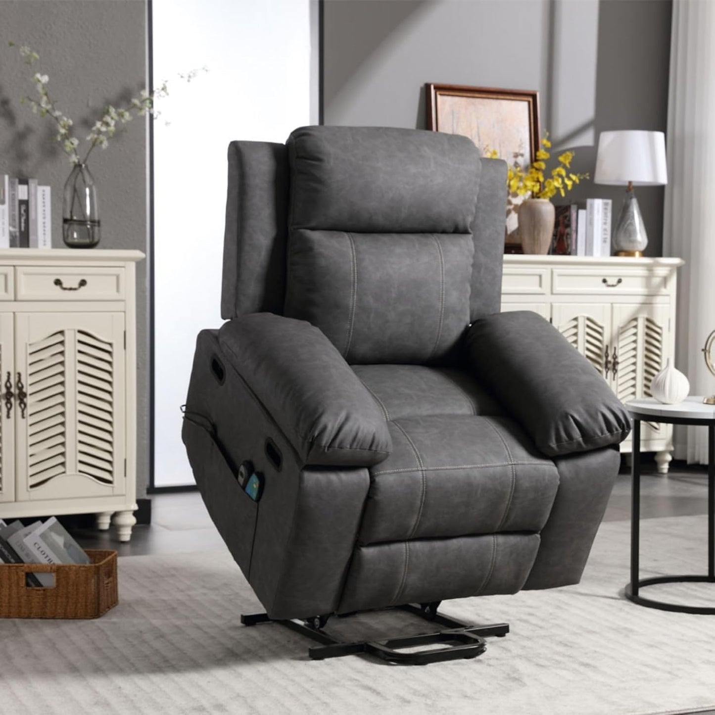 Power Lift Recliner Chair for Elderly, Electric Massage Sofa with Lumbar Heat, Remote Control, Cupholders and USB Ports, Gray Leather Furniture for Living Room