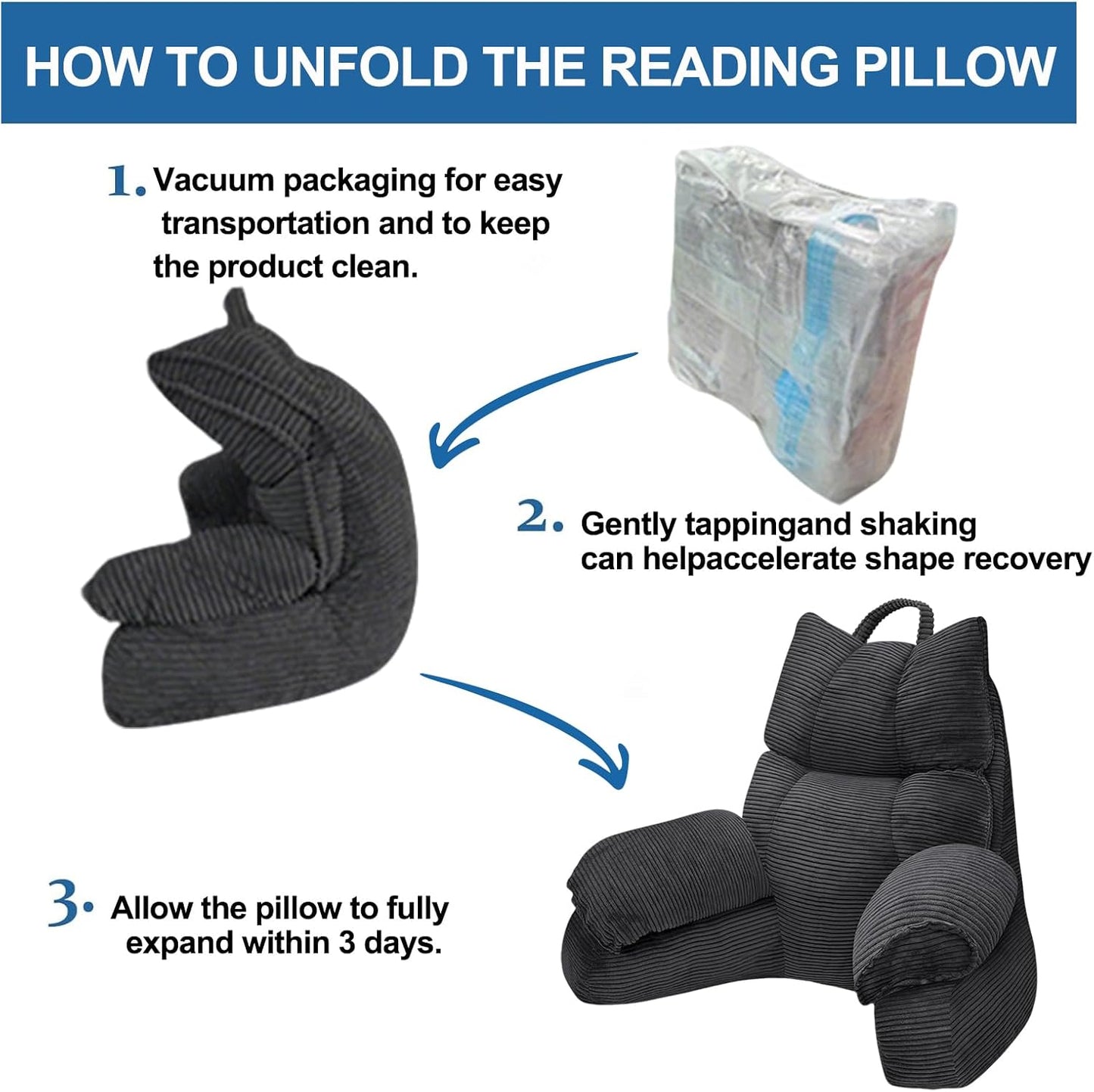 RRPAHWTV Reading Pillow for Bed with High Arm Rests ,Back Support Pillow for Sitting Up in Bed with Shredded Memory Foam for Reading, TV, Gaming or Relaxing on Floor（Grey Black, Large）