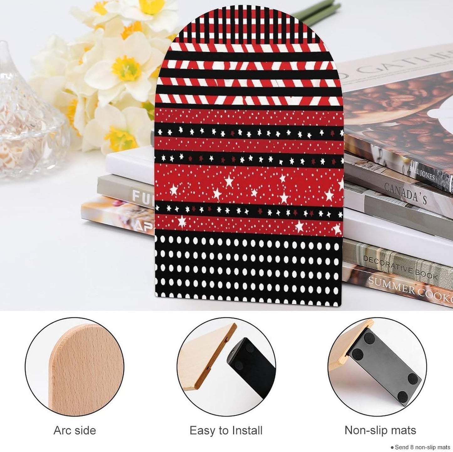 Striped Polka Dot Stars Wooden Bookend Non-Slip Book Ends Heavy Duty Book Stopper with Metal Base Books Holderd Decorative Bookends Stands Firmly for Office Supplies