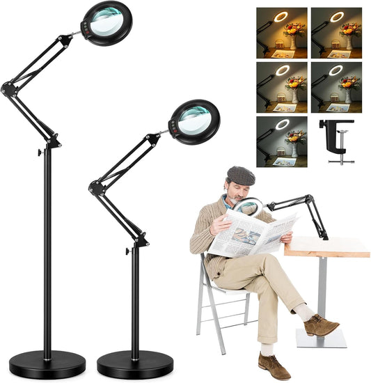 10X Magnifying Glass with Light and Stand, Real Glass Lens (Not Acrylic), 5 Color Modes, Stepless Dimmable, LED 3-in-1 Floor Lamp, Swing Arm with Clamp, Lighted Magnifier Hands Free for Craft, Reading