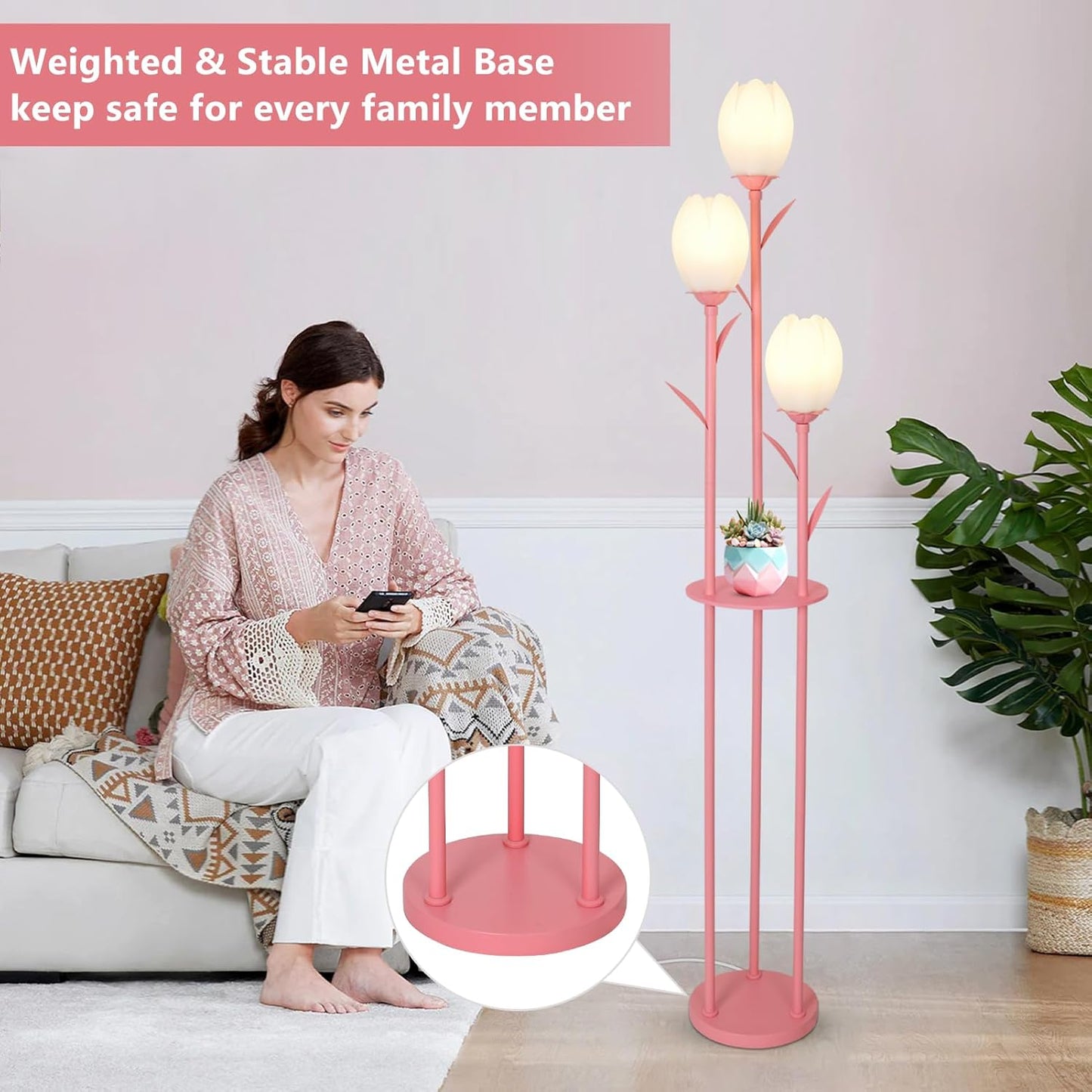 Pink Floor Lamp for Bedroom, 3-Light Flower Floor Lamp with Table, Corner Standing Lamps for Living Room, Tall Flower Lamp for Office, Girls Room, Unique Lighting Decor (Bulbs Included)