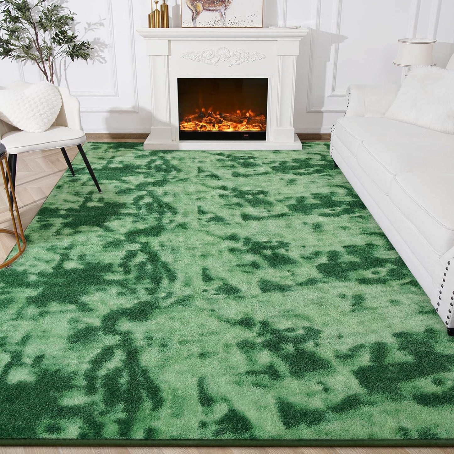 Hutha Large Area Rug, 7x10 Tie-Dyed Green Fluffy Shag Rugs for Living Room Bedroom, Modern Aesthetic Super Soft Anti-Skid Indoor Carpet for Nursery Kids Room Home Decor