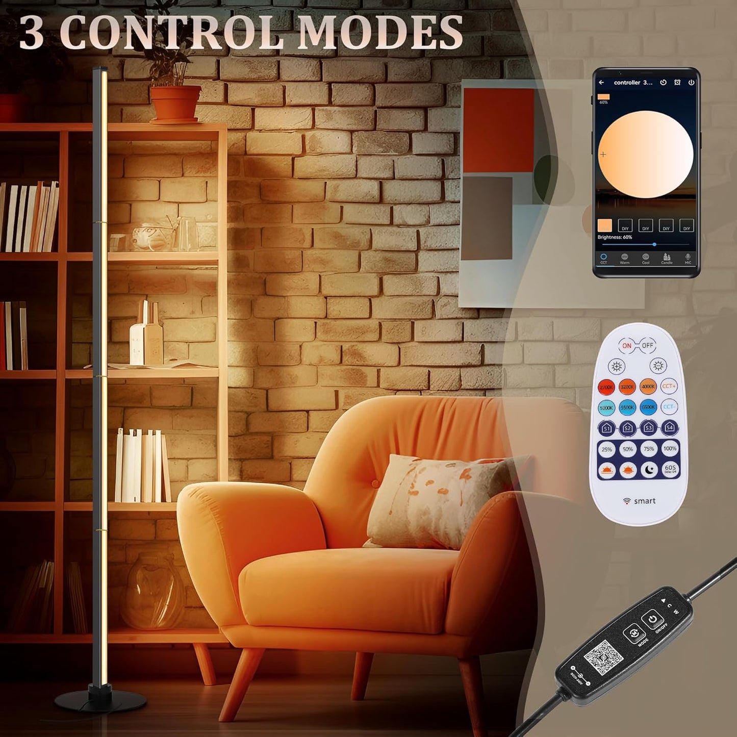 PMS 63" Floor Lamp, 24W Stepless Dimmable Brightness Corner Lamp,Warm to White Color Changing Metal Standing Lamp with APP & Remote Control for Living Room, Bedroom Decorated