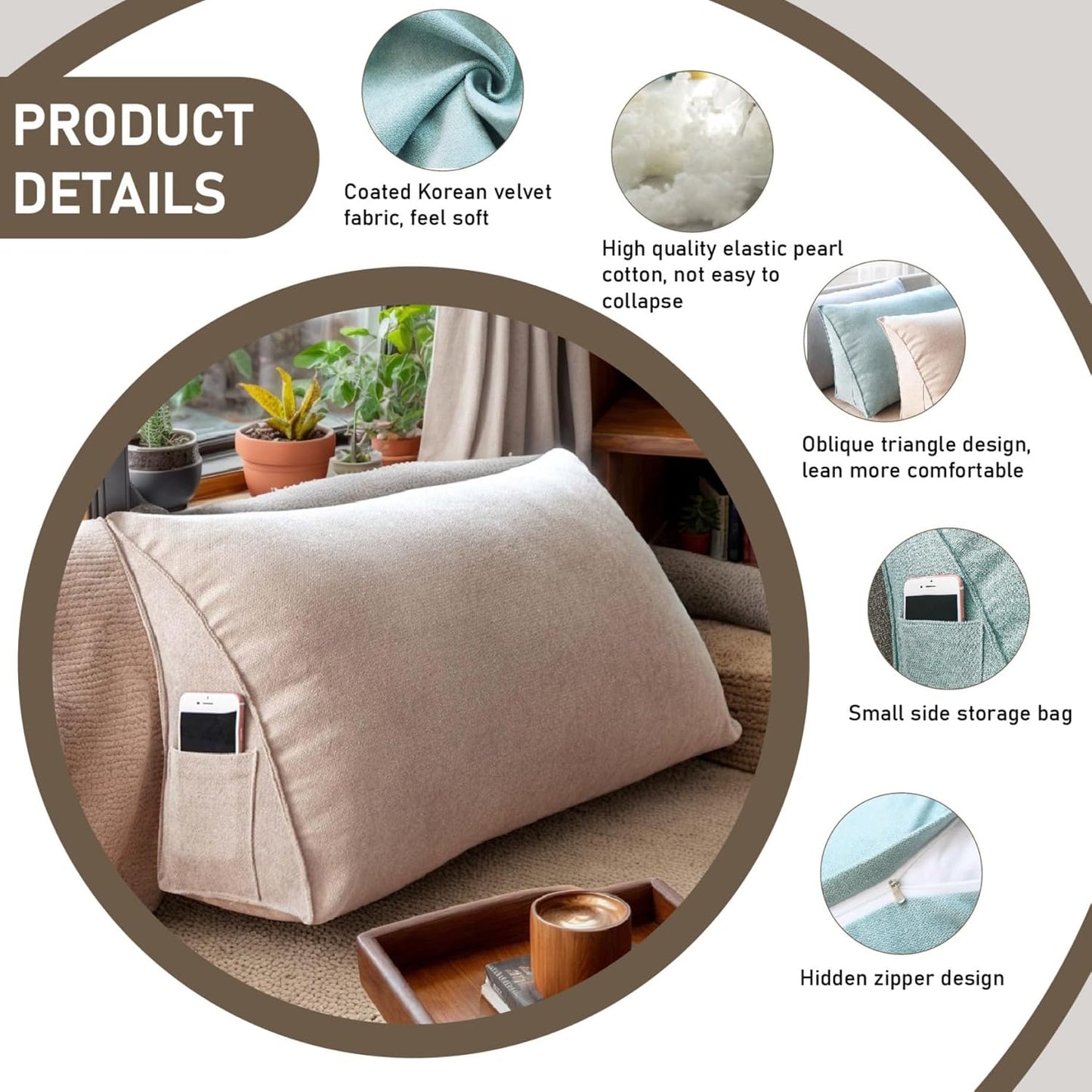 Reading Pillow Triangle Wedge Pillow Soft Back Support Comfortable Bed Reading Sofa Backrest Back Cushion for Sofa Bed Office Chair Khaki