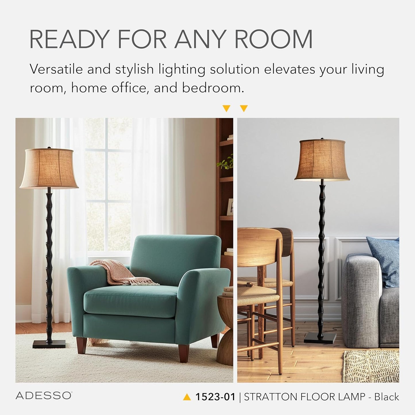 Adesso Black Floor Lamp with Brown Fabric Shade – 3-Way Adjustable Brightness Accent Lighting for Bedroom, Living Room or Home Office, 62” Tall