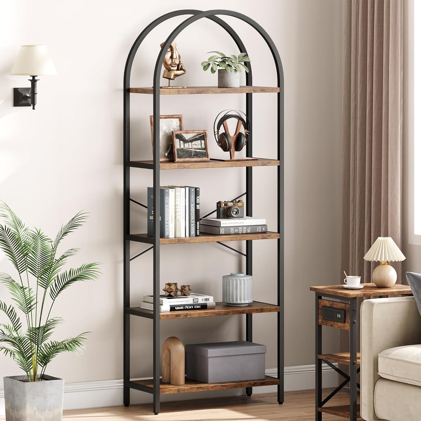 CABIHOME Bookshelf Tall Bookcase Arched Standing Bookshelves Modern Display Racks 5 Tier Storage Rack Shelf Large Wood Book Shelf for Bedroom, Living Room, Home Office