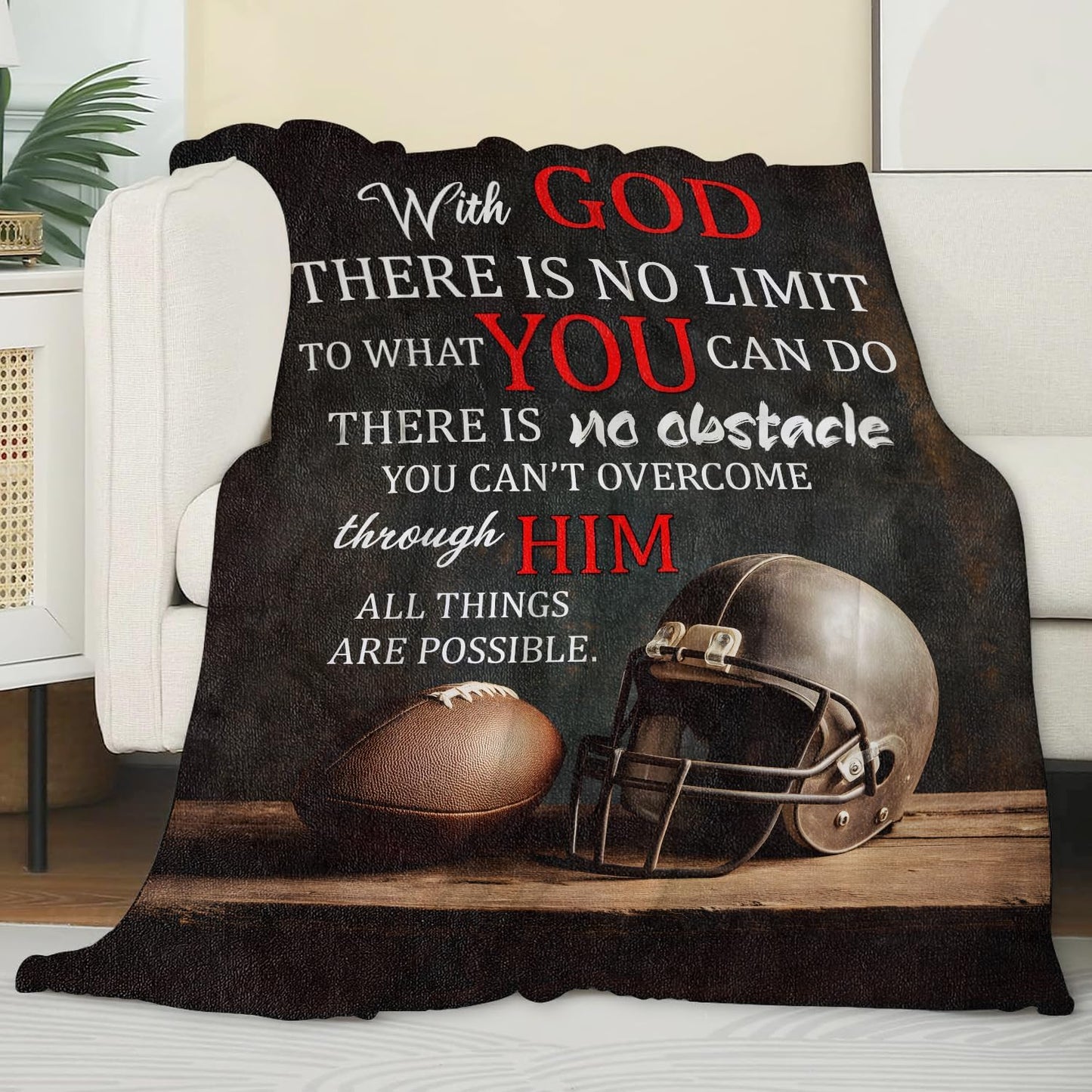Football Blanket,Sport Gifts for Athletes Fans,Soft Lightweight Flannel Throw Blankets,Helmet Ball and Inspirational Quote Throws Home Decor,for Couch Living Room Office,60x50inch