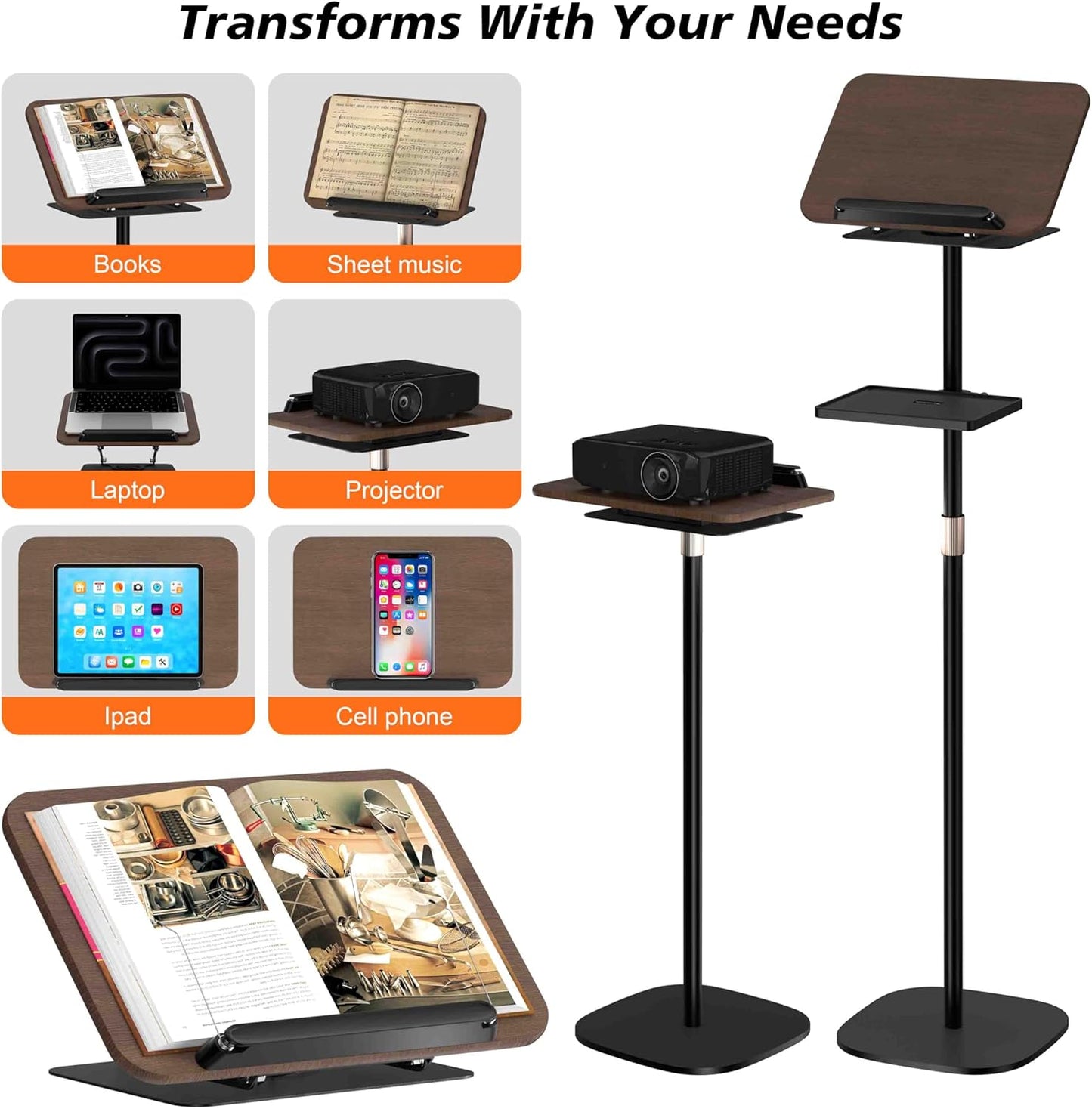 2 in 1 Book Holders for Reading Hands Free, Floor and Desktop Adjustable Book Stand with Page Clips for Music, Laptop, Cookbook, Projector