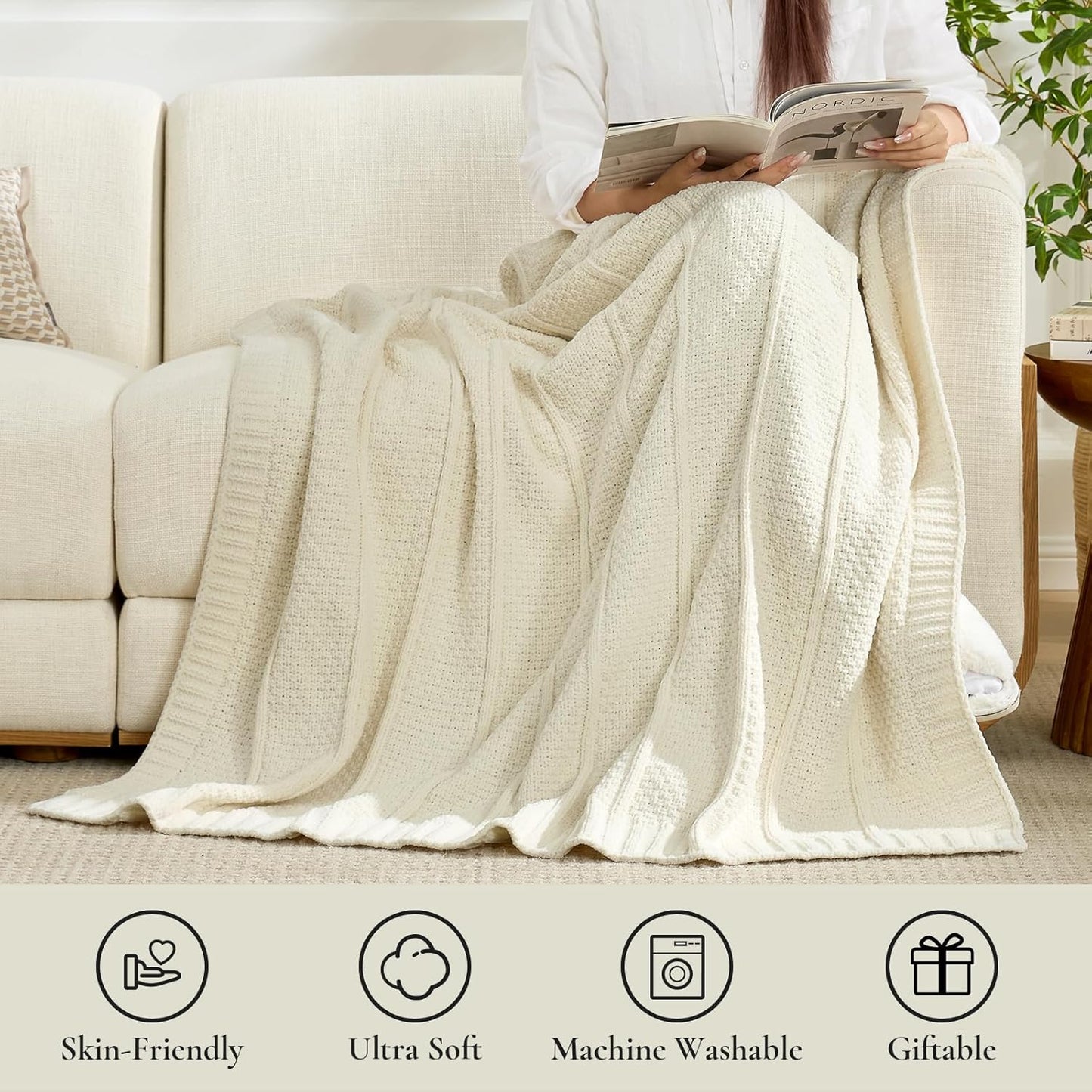 Amélie Home Premium Chenille Throw Blanket, Soft Cozy Moss Stitch Knit Blanket for Couch, Sofa, Chair, Home Decor, Ivory 50"x60"