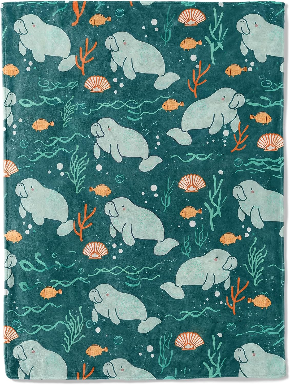 Playful Manatee Flannel Blanket - Cute Ocean-Themed with Sea Life Dark Green Throw Whimsical Woodland Style - Lightweight Soft Cozy Gifts Blankets for Kids Adult,Modern Home Room Decor 50x60in