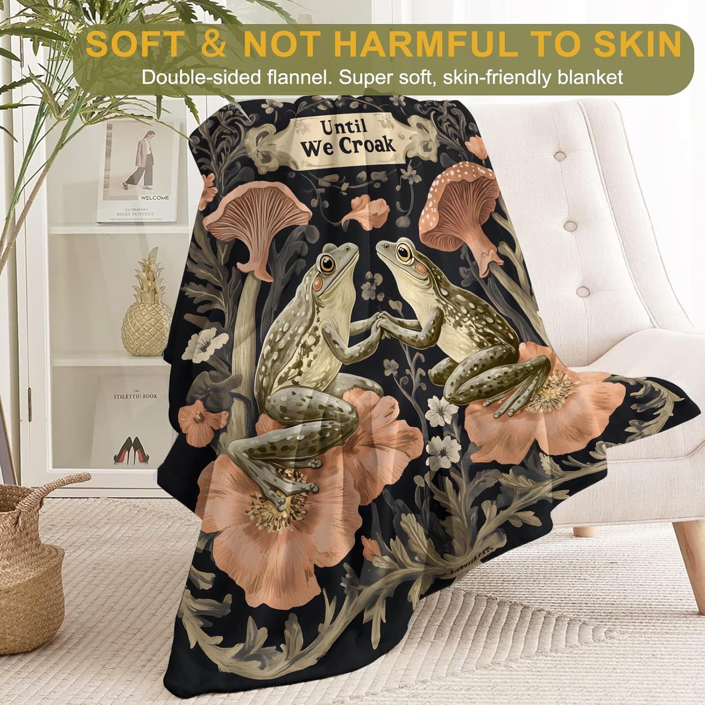 Frog Couple Flannel Blanket - Lightweight Soft Cozy Gifts Blankets for Nature Lovers, Kids,Adult,Women,Vintage Mushroom Woodland Art Style Throw,Home Room Modern Whimsical Decor 60x80in