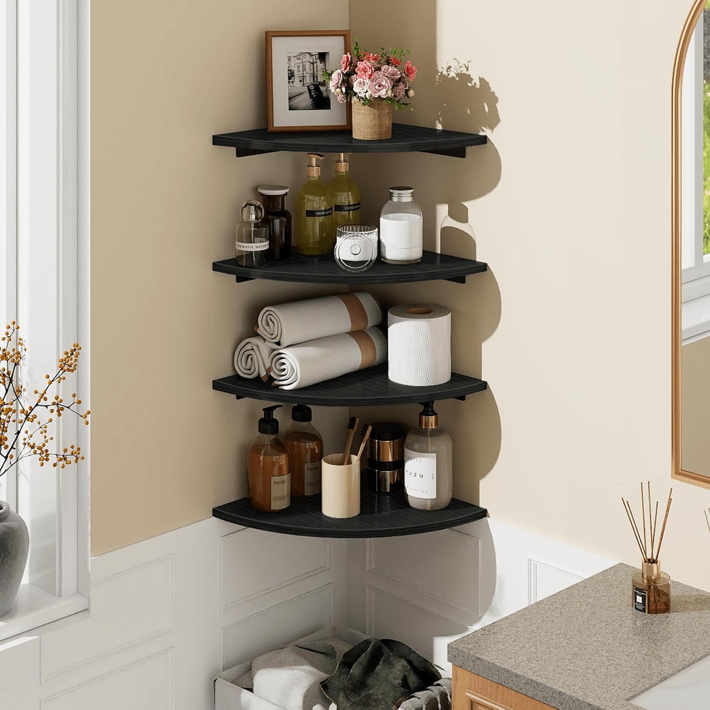Homode Corner Shelf Wall Mount, 4 Tier Rounded Corner Floating Shelves, 12 Inch Deep Hanging Corner Shelf Storage, Wood Corner Wall Shelving for Living Room Bedroom Bathroom Kitchen, Black