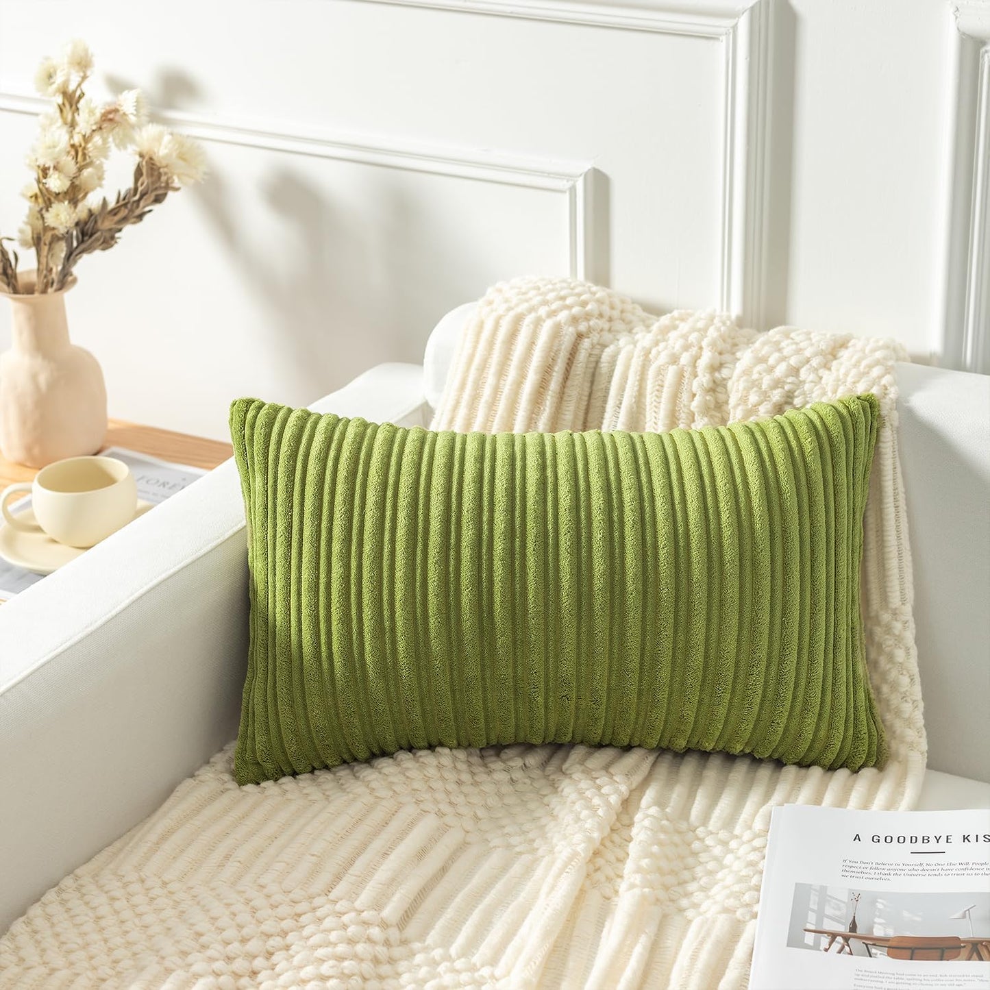 Kevin Textile Velvet Lumbar Pillow Covers Striped, Spring Decorative Throw Cushion Case with Hidden Zipper for Home Couch/Bedroom/Car, Soft Cozy Solid Oblong, 2 Pack (12"x20",Green)