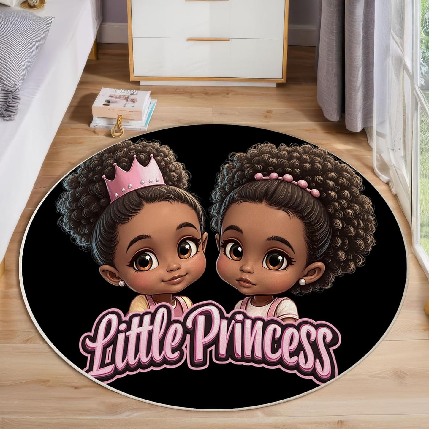 2Ft Round Washable Rug - Large Area Rug for Living Room Dining Room, Black Soft Bedroom Carpet with Cartoon Black Person Little Girl Pattern, Fun Illustration Décor, Low Pile Stain Resistant