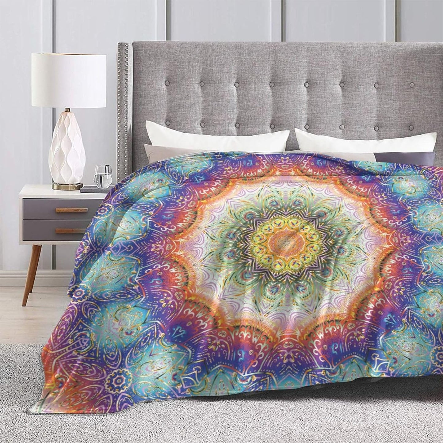 Mandala Peacock Feather Print Bed Blanket Ultra Soft Throw Blanket All Season Warm Light Weight Cozy Plush Blankets for Home Bedroom Sofa Chair Travel, 50"X60"