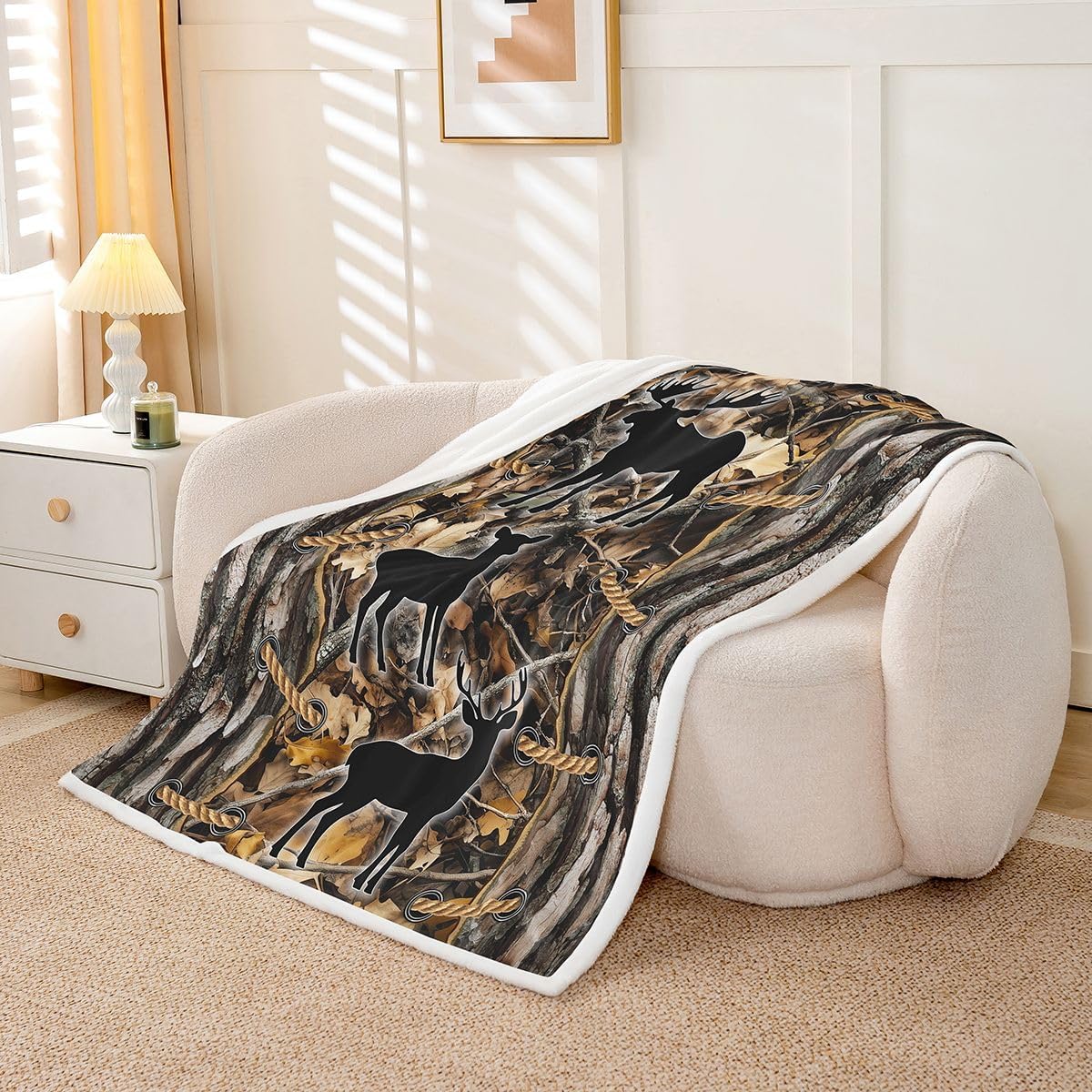 Feelyou Camouflage Sherpa Throw Blanket for Couch Deer Super Soft Cozy Fleece Wild Animal Blanket for Winter, Plush Throw Tree Branch Camo Queen 90"x90" Western Farmhouse All Season