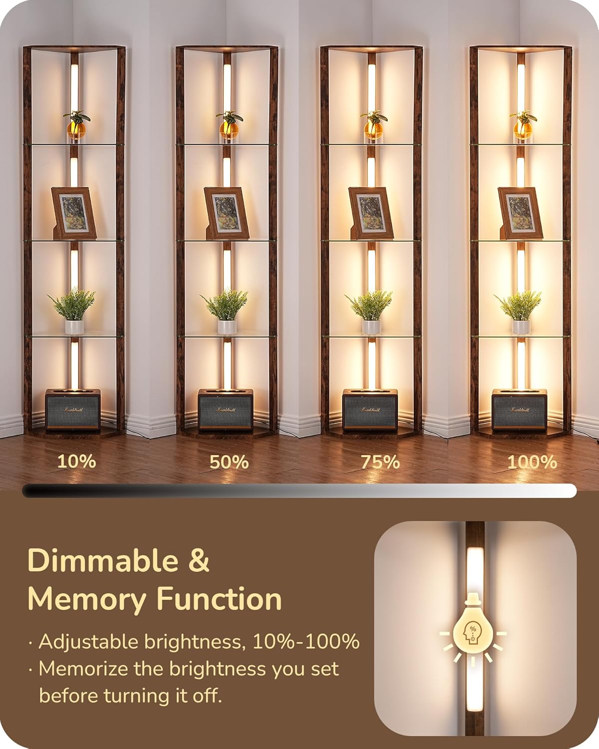 EDISHINE Corner Shelf with Light, 5-Tier Glass Display Shelf with Remote/Foot Control, 3CCT & Dimmable Corner Lamp, Open Display Cabinet, Standing Lamp for Living Room, Bedroom, Flamewood Color