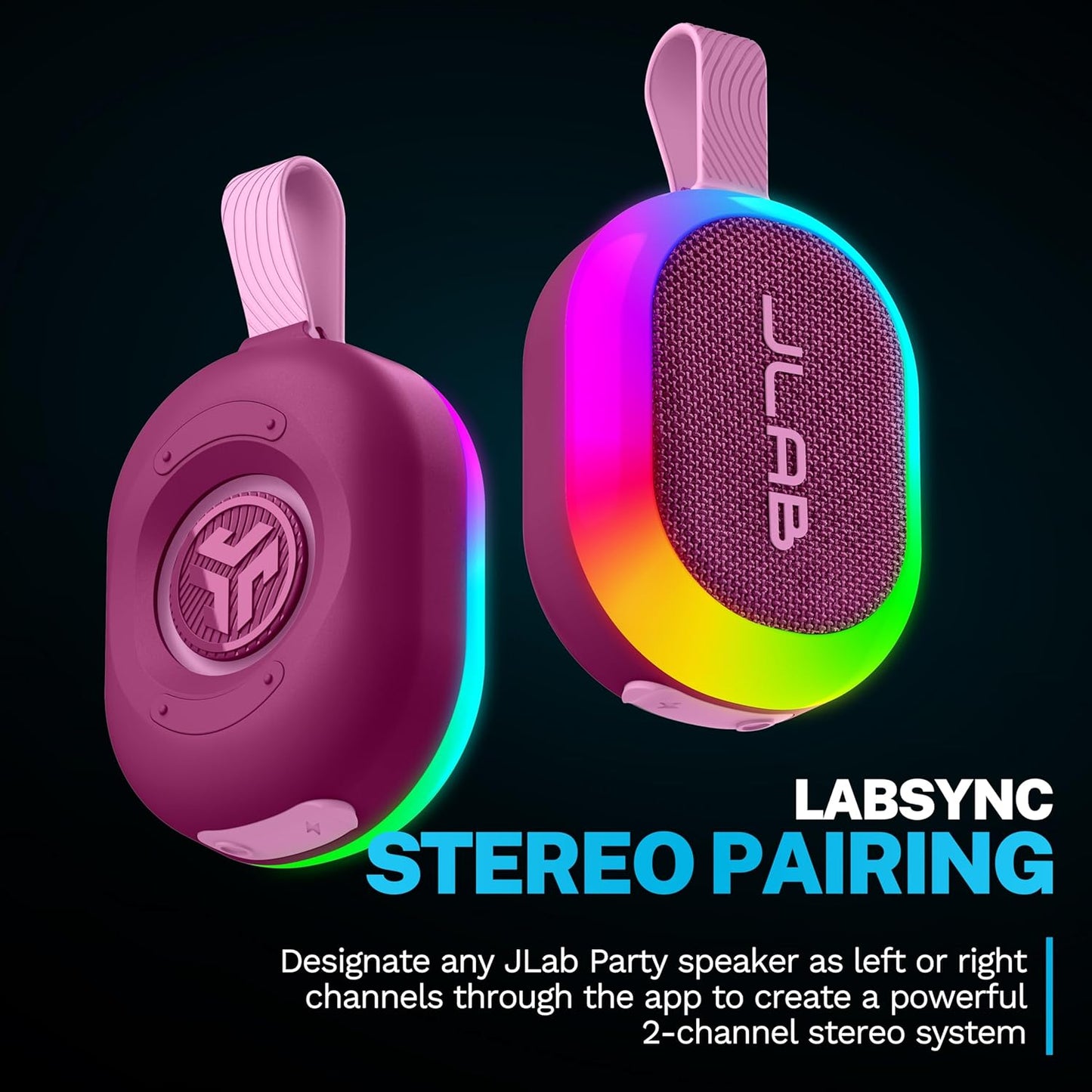 JLab Pop Party Portable Bluetooth Speaker, Mulberry, 8+ Hours of Playtime, IP55 Waterproofing, Detachable Loop Handle, Customizable RGB LED Lighting, Lab Sync Up to 100 Speakers, Custom Sound in-App