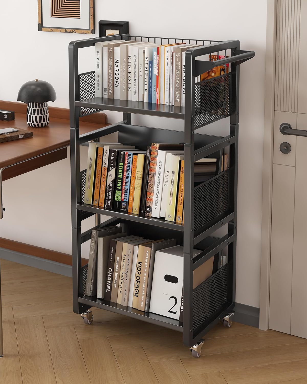 UMDONX Book Cart Heavy Duty Double-Sided with Silent Wheels & 3 Magnetic Book Supports Rolling Bookshelf Library Book Truck for Home, Office, or School