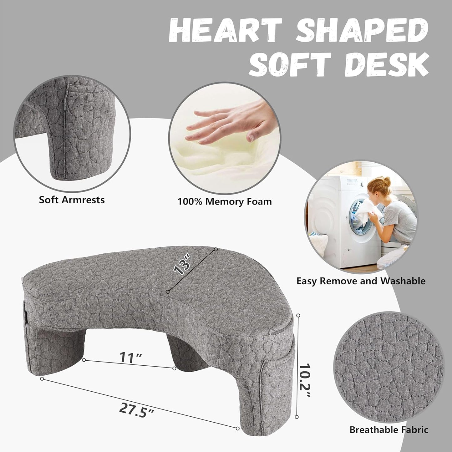 Heart Shaped Reading Pillow for Lap,Ergonomic Memory Foam Rest Pillow with 3 Side Pockets,Soft Lap Desk Pillow,Crochet Support Pillow,Arm Rest Pillow for Reading,Working,Gaming in Bed Sofa Floor(Grey)