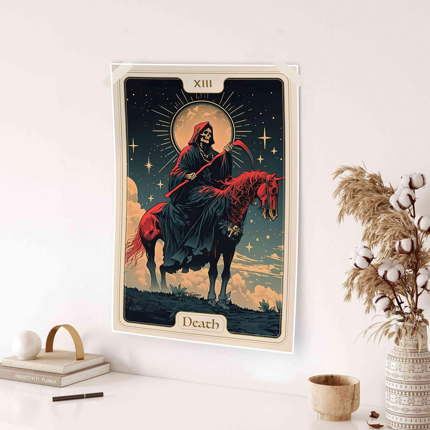 Death Tarot Card Art Print, Gothic Home Decor, Thirteen Arcana Wall Decor, Mystical Night Scene Divination Art Nouveau Dark Academy Design Decor Gift(L18 xW12-CANVAS)