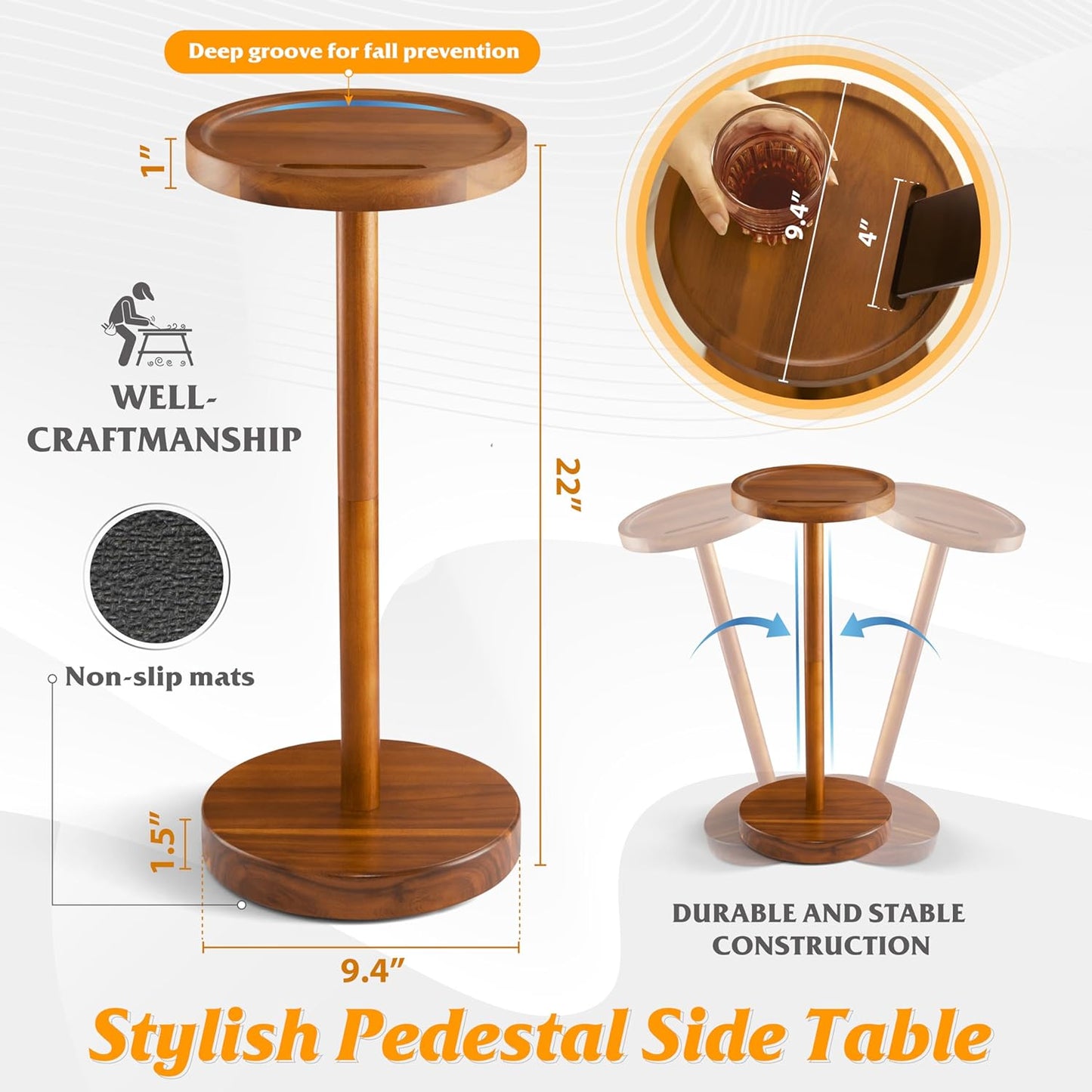 BLUEWEST Drink Table, 22" Tall Compact Side Table with Phone Slot and Weighted Base, Durable Pedestal Table Accent for Living Room, Bedroom, or Office, Cocktail and Martin (1, Acacia)