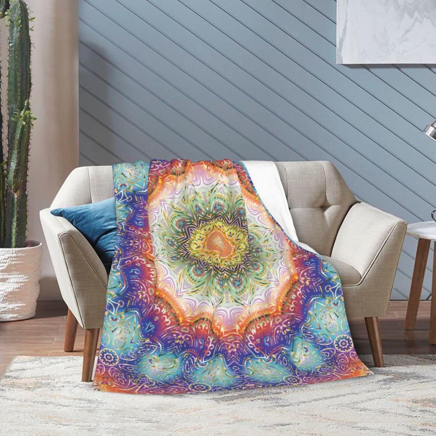 Mandala Peacock Feather Print Bed Blanket Ultra Soft Throw Blanket All Season Warm Light Weight Cozy Plush Blankets for Home Bedroom Sofa Chair Travel, 50"X60"