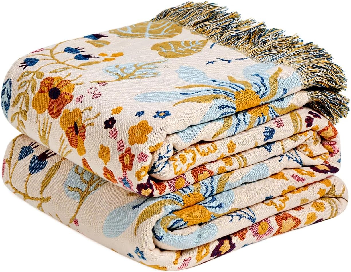 Boho Throw Blanket with Florals & Leaves Embroidery Reversible Lightweight Spring Cotton Gauze Throws for Couch,Bed,Sofa & Chair Decor - Bohemian Living Room Accent Gift 50"x60"